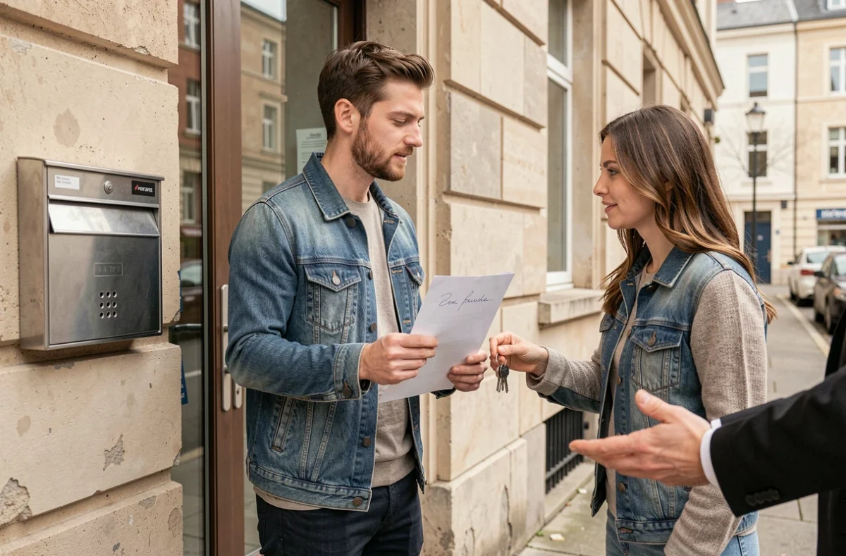 Deux colocataires remettant les clés et une lettre officielle au propriétaire devant la porte d'entrée de leur immeuble
