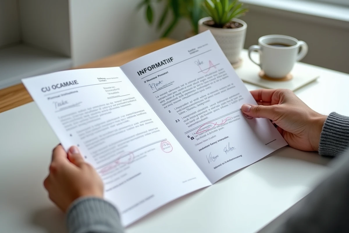 Comparaison de deux certificats d'urbanisme côte à côte sur un bureau, certificat opérationnel et certificat informatif
