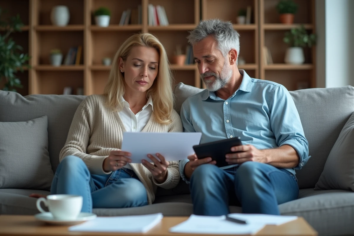 Couple comparant la gestion en ligne et le courrier papier pour leur copropriété dans un salon