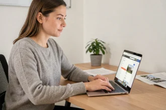 Femme connectée à son espace personnel Nexity sur un ordinateur portable dans un bureau à domicile moderne