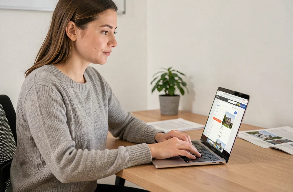 Femme connectée à son espace personnel Nexity sur un ordinateur portable dans un bureau à domicile moderne