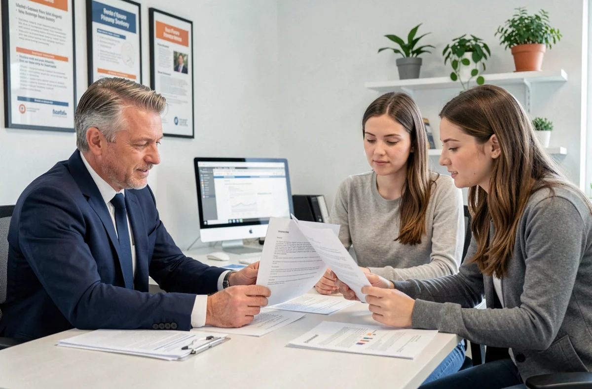 Conseiller en assurance habitation présentant un contrat à un couple de propriétaires à Cambrai