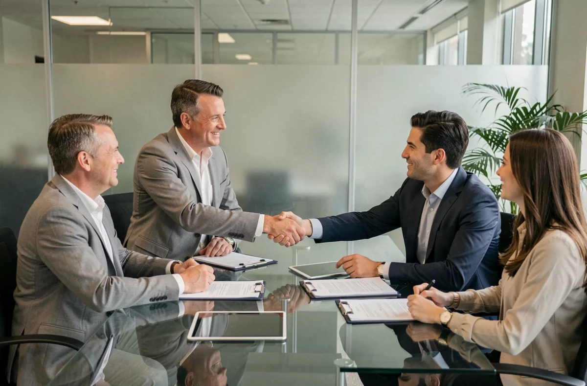 Conseiller en assurance présentant une offre multirisque privilège à un couple de clients