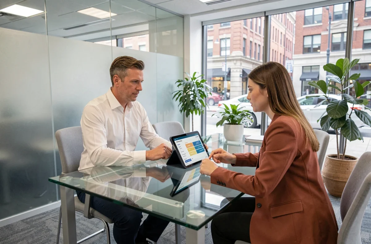 Conseiller financier présentant des options d'assurance prêt immobilier pour réduire les mensualités