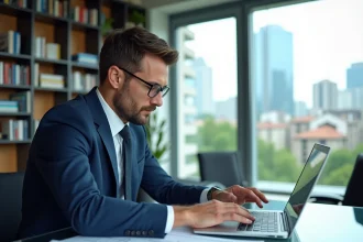 Conseiller en investissement immobilier examinant des documents de défiscalisation dans un bureau moderne avec vue sur la ville