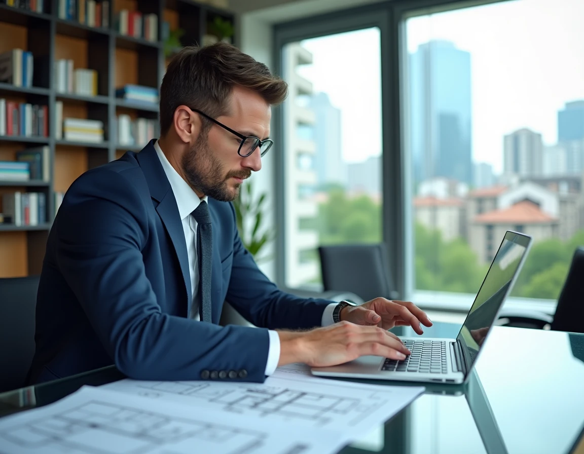 Conseiller en investissement immobilier examinant des documents de défiscalisation dans un bureau moderne avec vue sur la ville