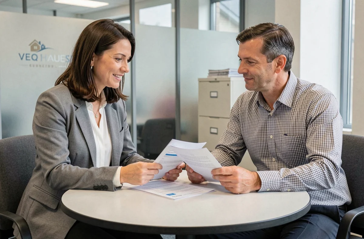 Conseiller immobilier et locataire discutant d'une assurance pour location meublée