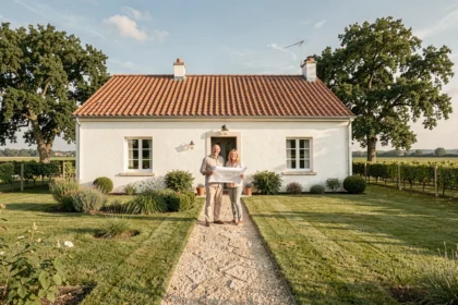 Un couple devant leur maison individuelle neuve en Gironde, entourée d'un jardin verdoyant avec des vignes en arrière-plan