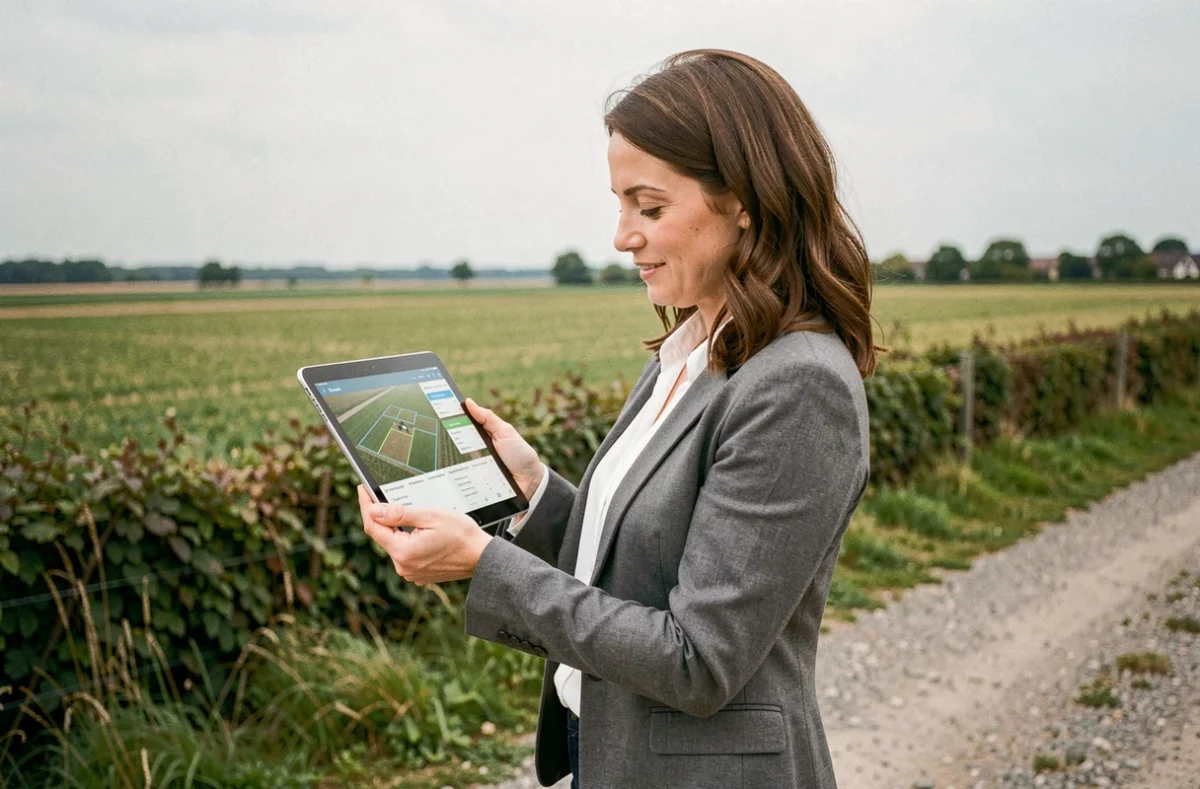 Consultante foncière debout sur une parcelle agricole en zone périurbaine, consultant une plateforme de données foncières sur tablette