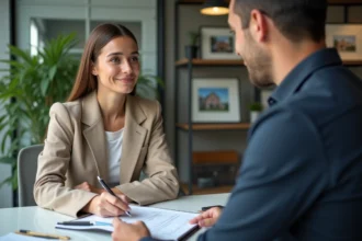 Locataire et agent immobilier examinant un contrat de location avec dépôt de garantie dans une agence moderne