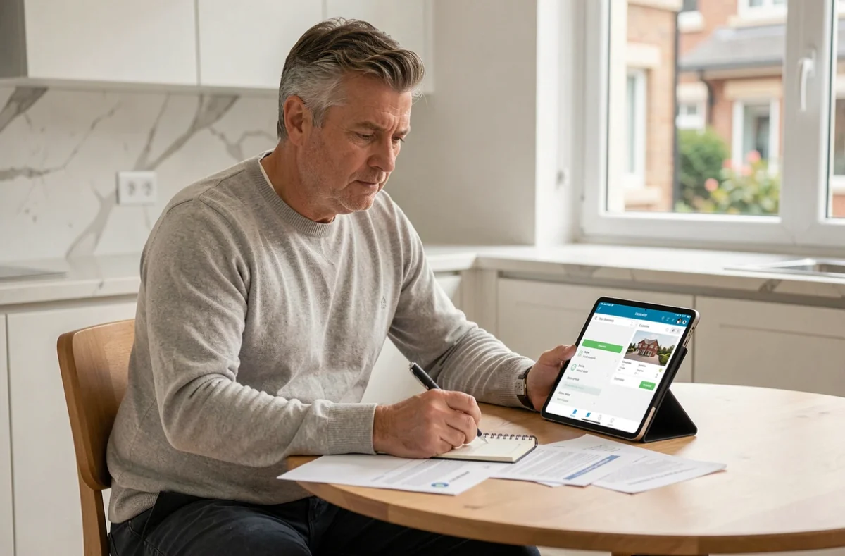 Copropriétaire masculin consultant l'application MyFoncia pour préparer l'assemblée générale du syndic