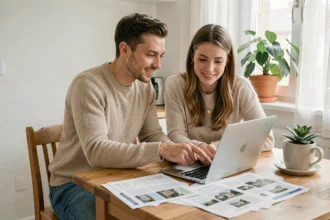 Jeune couple étudiant des annonces immobilières pour acheter un appartement à petit budget