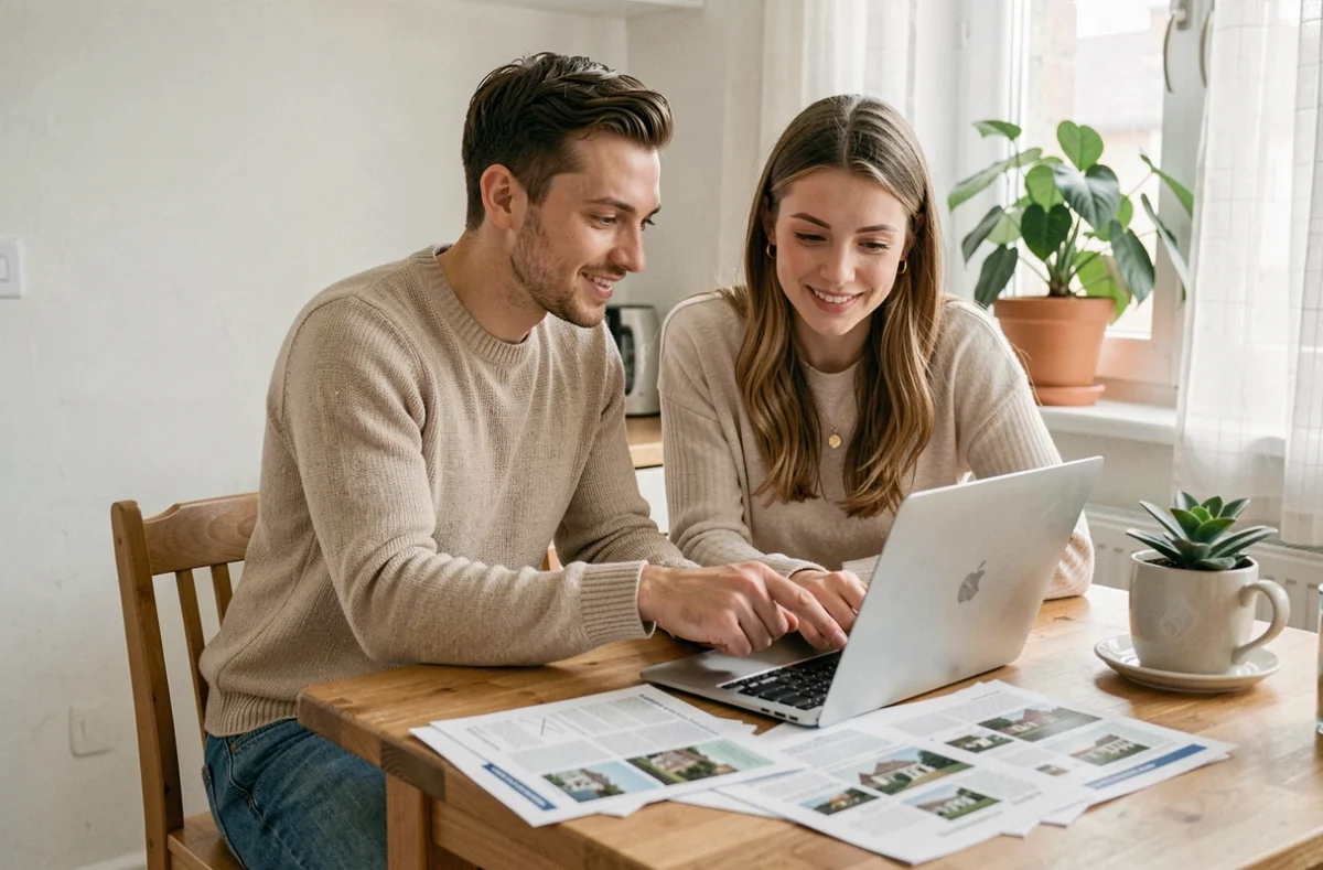Jeune couple étudiant des annonces immobilières pour acheter un appartement à petit budget