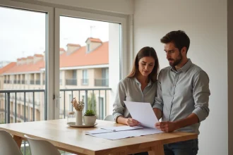 Jeune couple examinant des documents de propriété dans un appartement neuf à Toulouse dans le cadre du dispositif PSLA