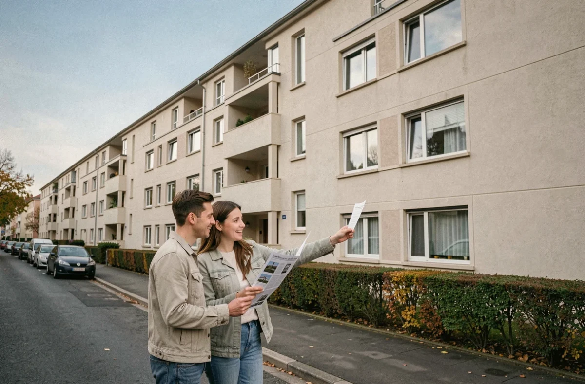 Jeune couple consultant des annonces immobilières devant un immeuble rénové en banlieue parisienne