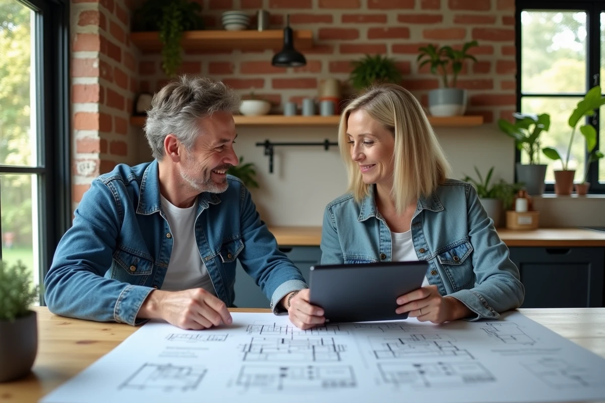 Couple mature discutant de plans immobiliers dans une cuisine chaleureuse