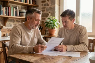 Couple en train de consulter les documents d'une assurance habitation mutualiste à la table de leur cuisine