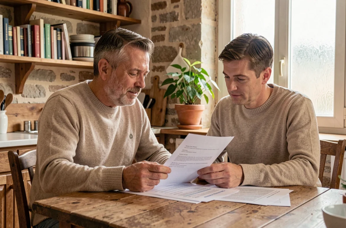 Couple en train de consulter les documents d'une assurance habitation mutualiste à la table de leur cuisine