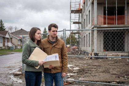 Jeune couple devant un chantier immobilier à Laval