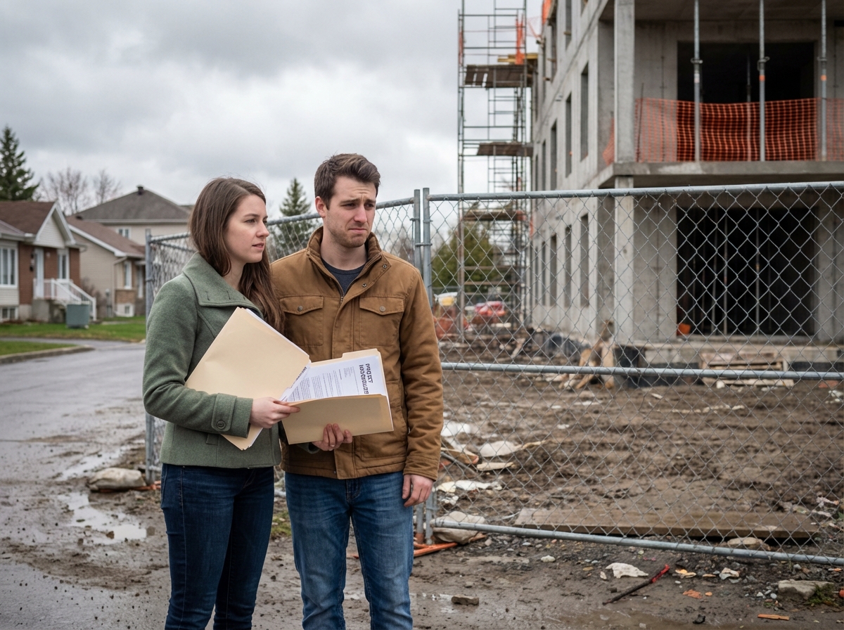 Jeune couple devant un chantier immobilier à Laval