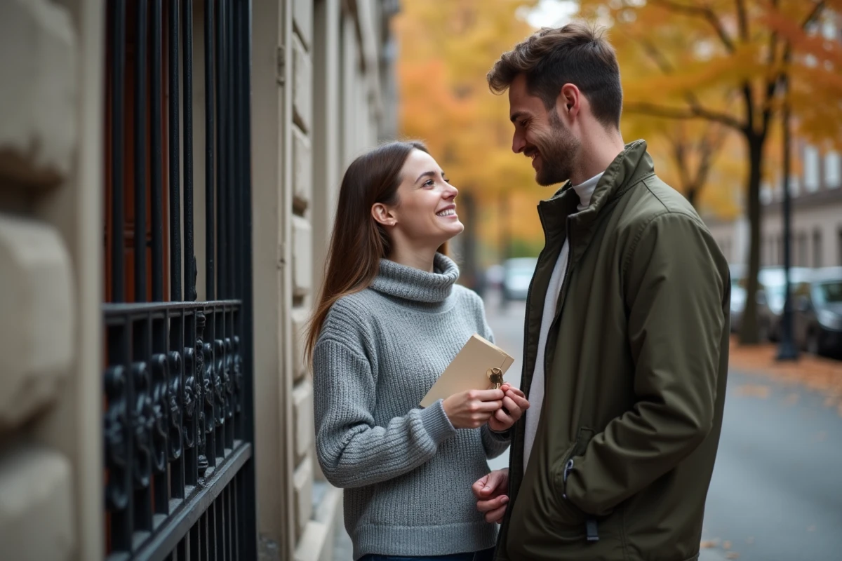 Jeune couple devant un appartement loué tenant les clés après signature du contrat de location avec caution