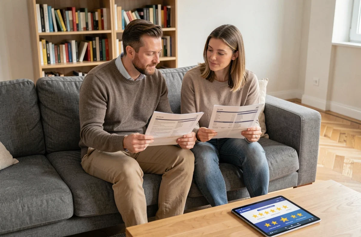 Couple comparant des avis et contrats d'assurance habitation ensemble dans leur salon