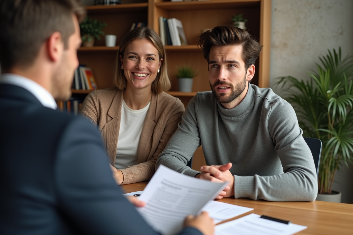 Jeune couple consultent un conseiller financier à la maison