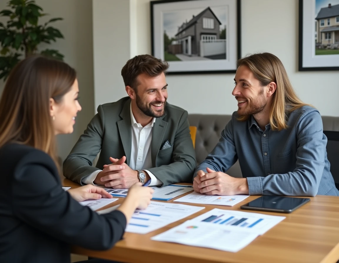 Couple consultant un agent immobilier pour un investissement locatif en vue d'une défiscalisation en 2026