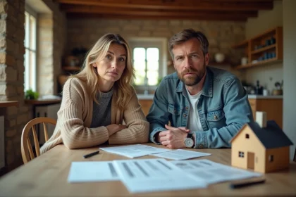 Couple en instance de divorce assis à une table couverte de documents immobiliers dans une maison normande à vendre