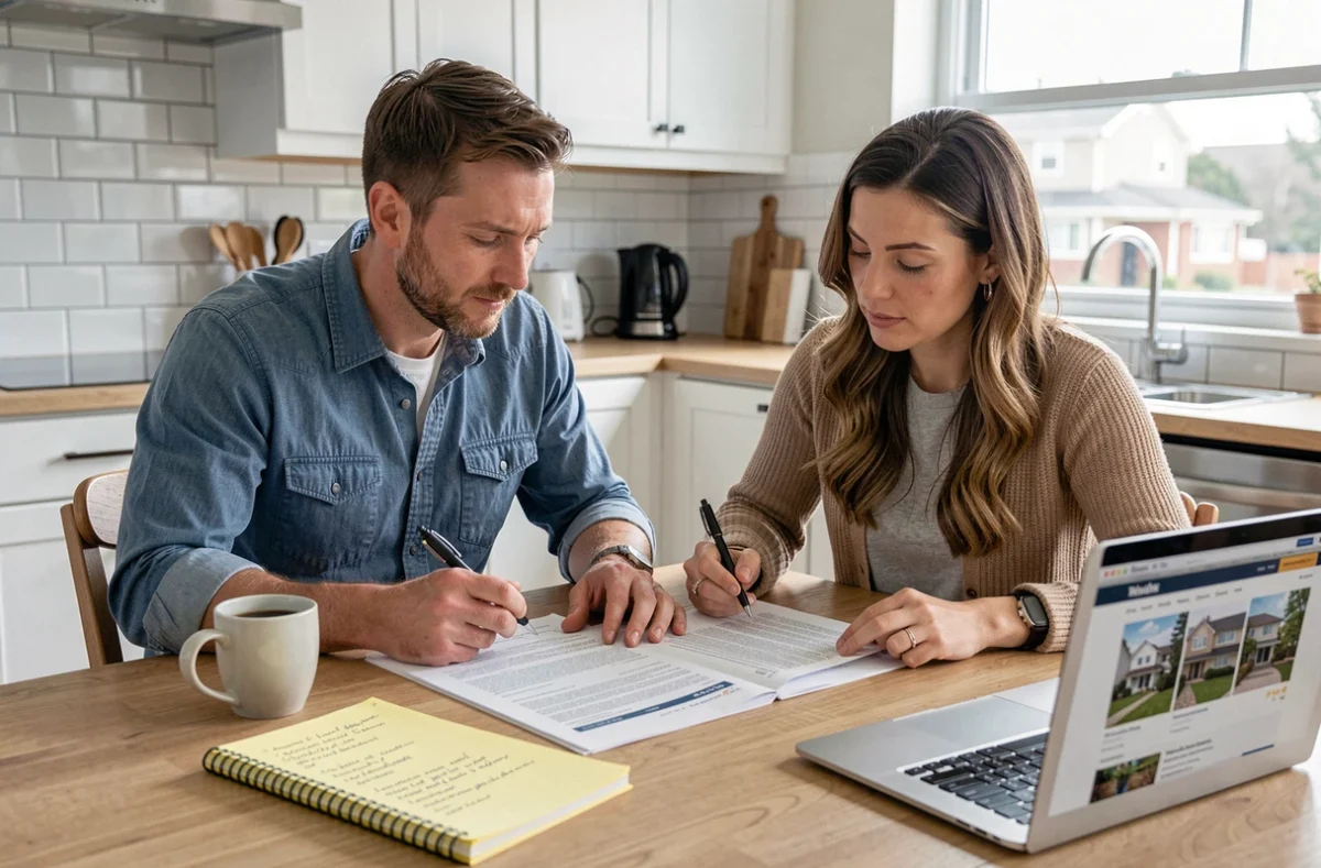 Couple étudiant un contrat de location-vente immobilier à domicile avec documents et ordinateur