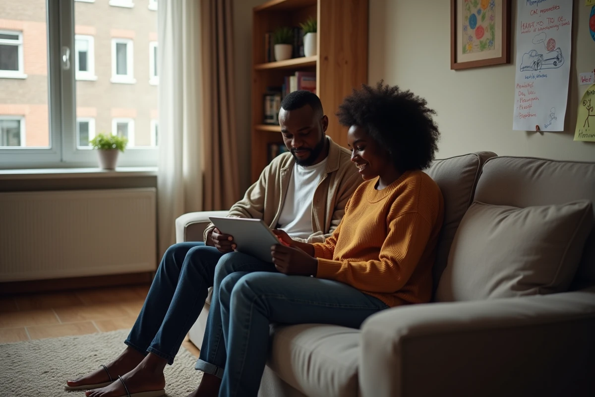 Couple consultant les droits des locataires HLM sur tablette dans leur appartement