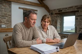 Couple d'âge moyen examinant des documents immobiliers dans une maison bretonne