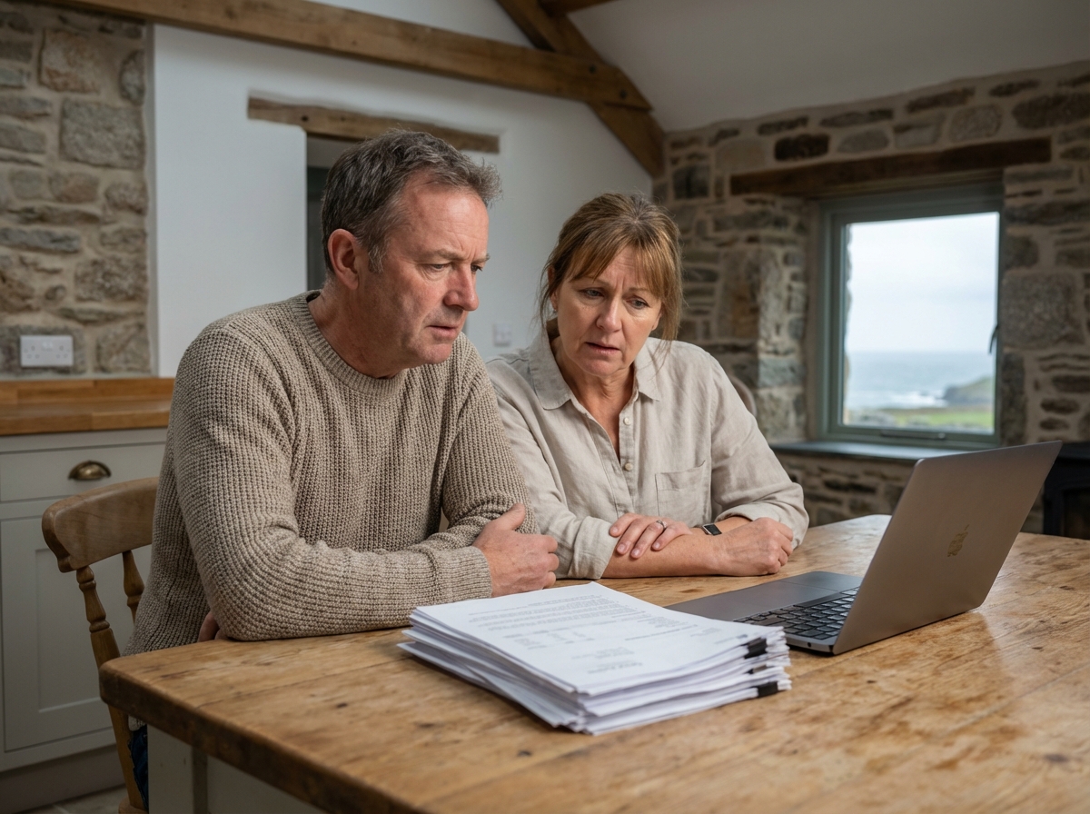 Couple d'âge moyen examinant des documents immobiliers dans une maison bretonne