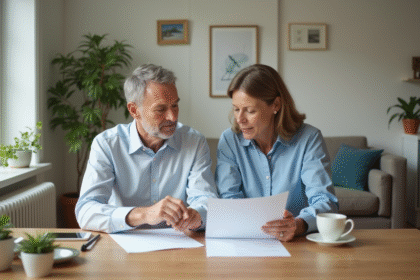 Couple d'adultes lisant des documents de prêt immobilier