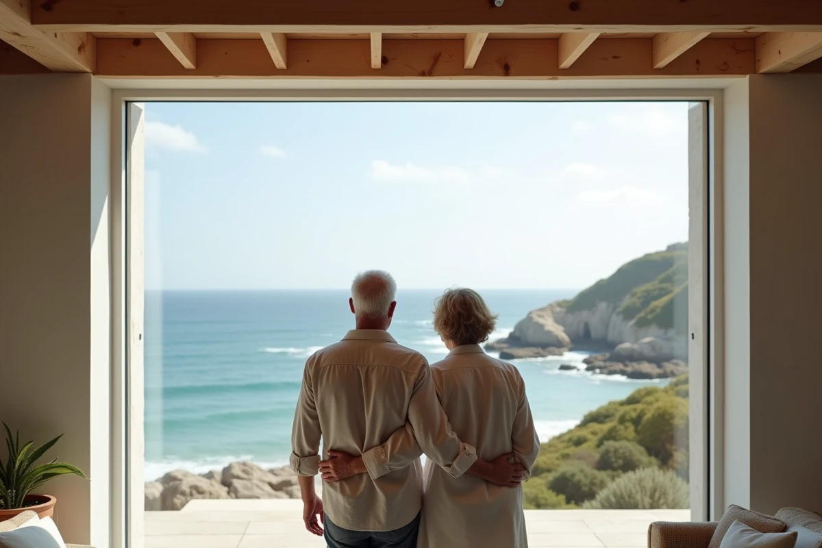 Couple évaluant le potentiel d'une maison en bord de mer avec vue panoramique sur l'océan