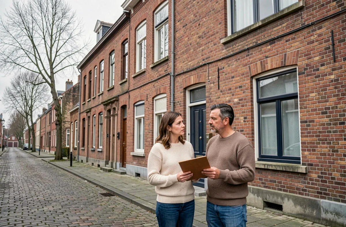 Couple devant une maison en briques rouges typique de Cambrai discutant d'assurance habitation