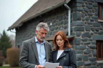 Couple devant une maison en mâchefer examinant des documents de crédit immobilier