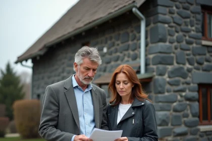 Couple devant une maison en mâchefer examinant des documents de crédit immobilier