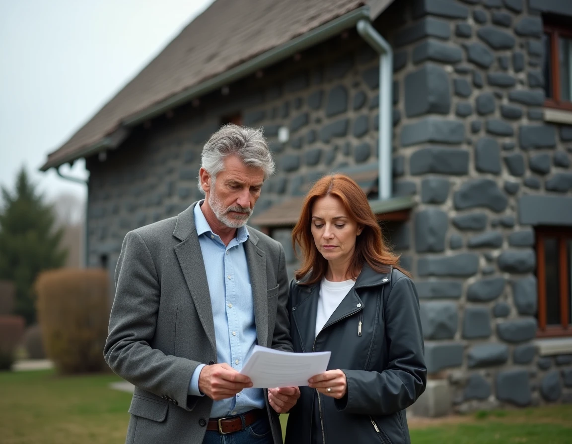 Couple devant une maison en mâchefer examinant des documents de crédit immobilier