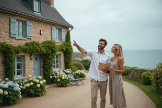 Couple visitant une maison normande en bord de mer avec vue sur les falaises, brochure immobilière en main