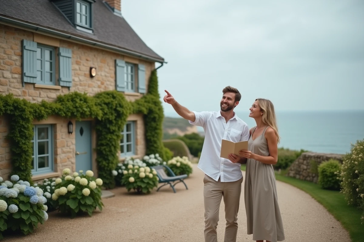 Couple visitant une maison normande en bord de mer avec vue sur les falaises, brochure immobilière en main
