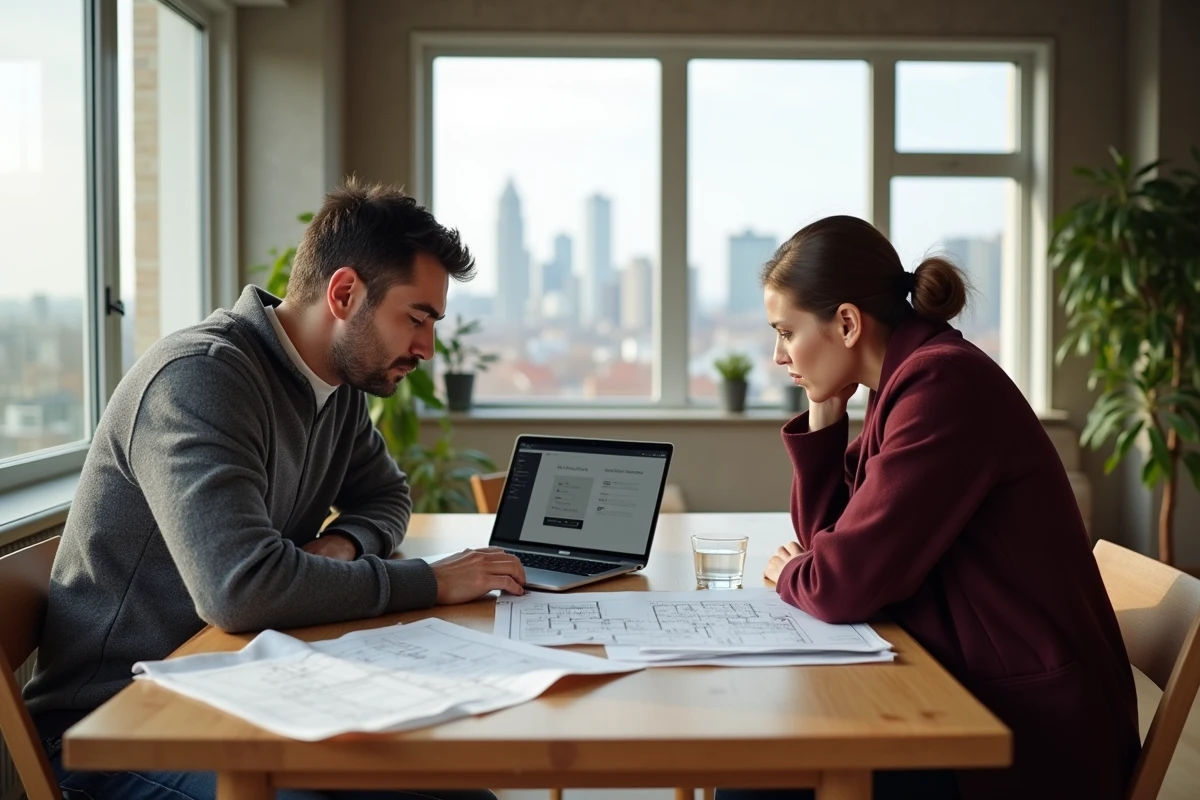 Couple étudiant des plans immobiliers et une plateforme en ligne dans un appartement contemporain avec vue sur la ville