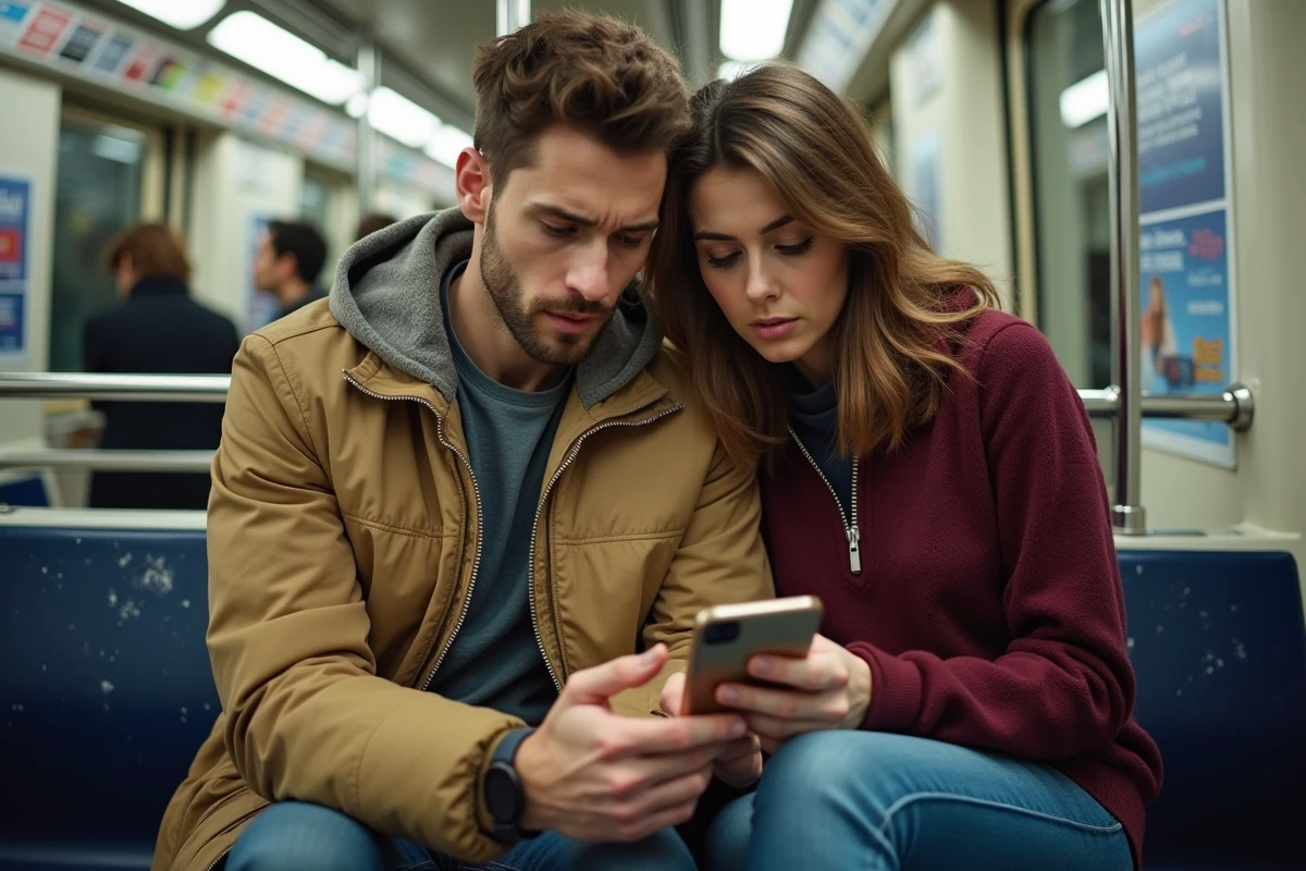 Jeune couple modeste consultant une annonce de logement abordable sur smartphone dans le métro parisien