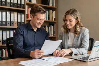 Couple examinant des documents de prêt immobilier pour réduire les coûts d'assurance avec immobiliercoteaux