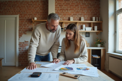 Couple en rénovation de cuisine avec plans et matériaux