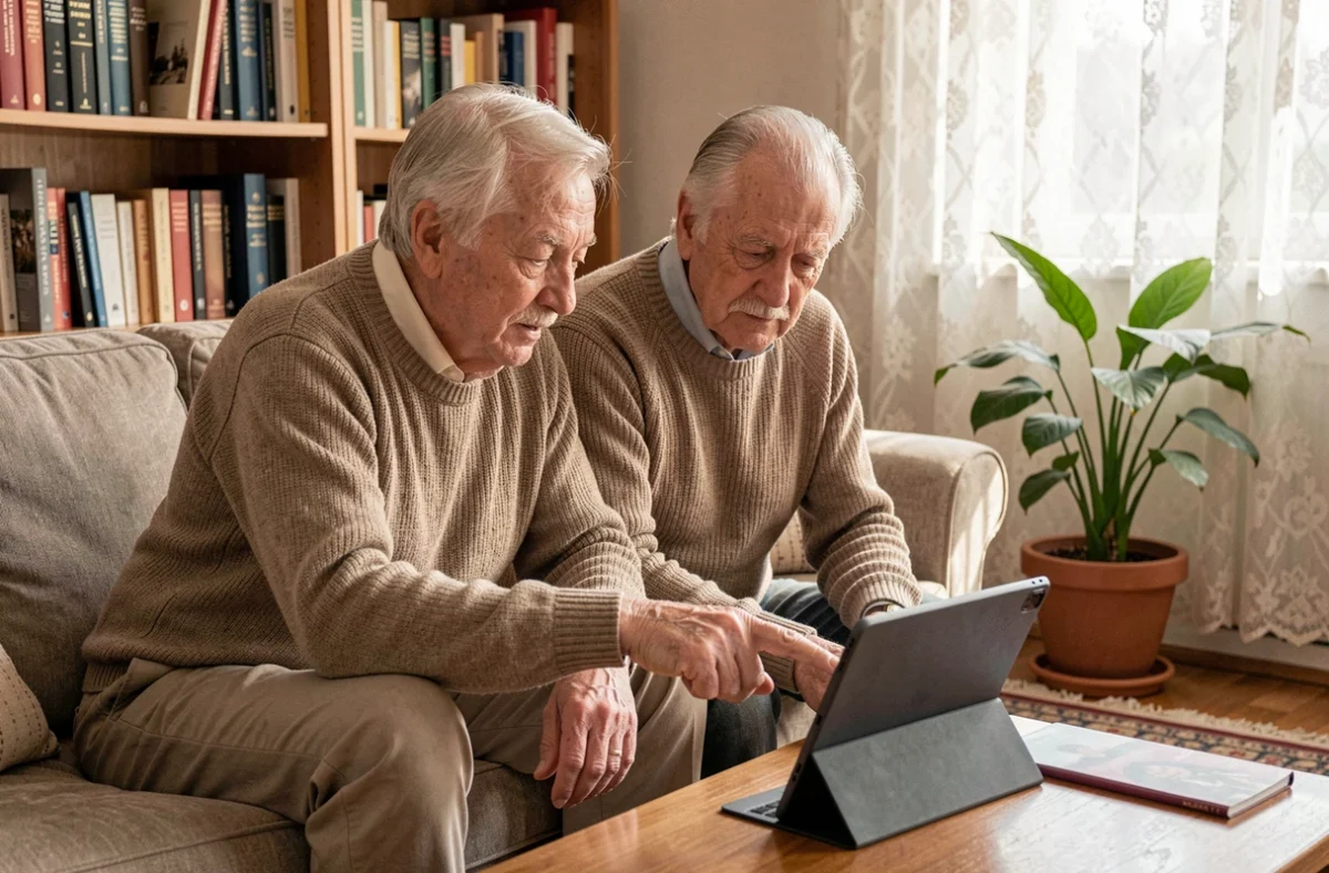 Couple de retraités consultant ensemble une tablette pour trouver des aides au logement dans leur salon