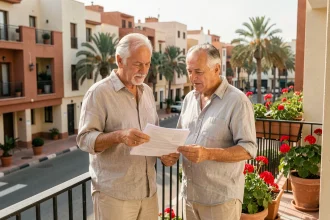 Couple de retraités européens examinant des documents immobiliers sur le balcon d'un appartement à Guéliz, Marrakech