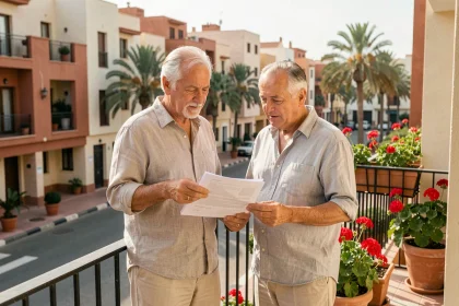 Couple de retraités européens examinant des documents immobiliers sur le balcon d'un appartement à Guéliz, Marrakech