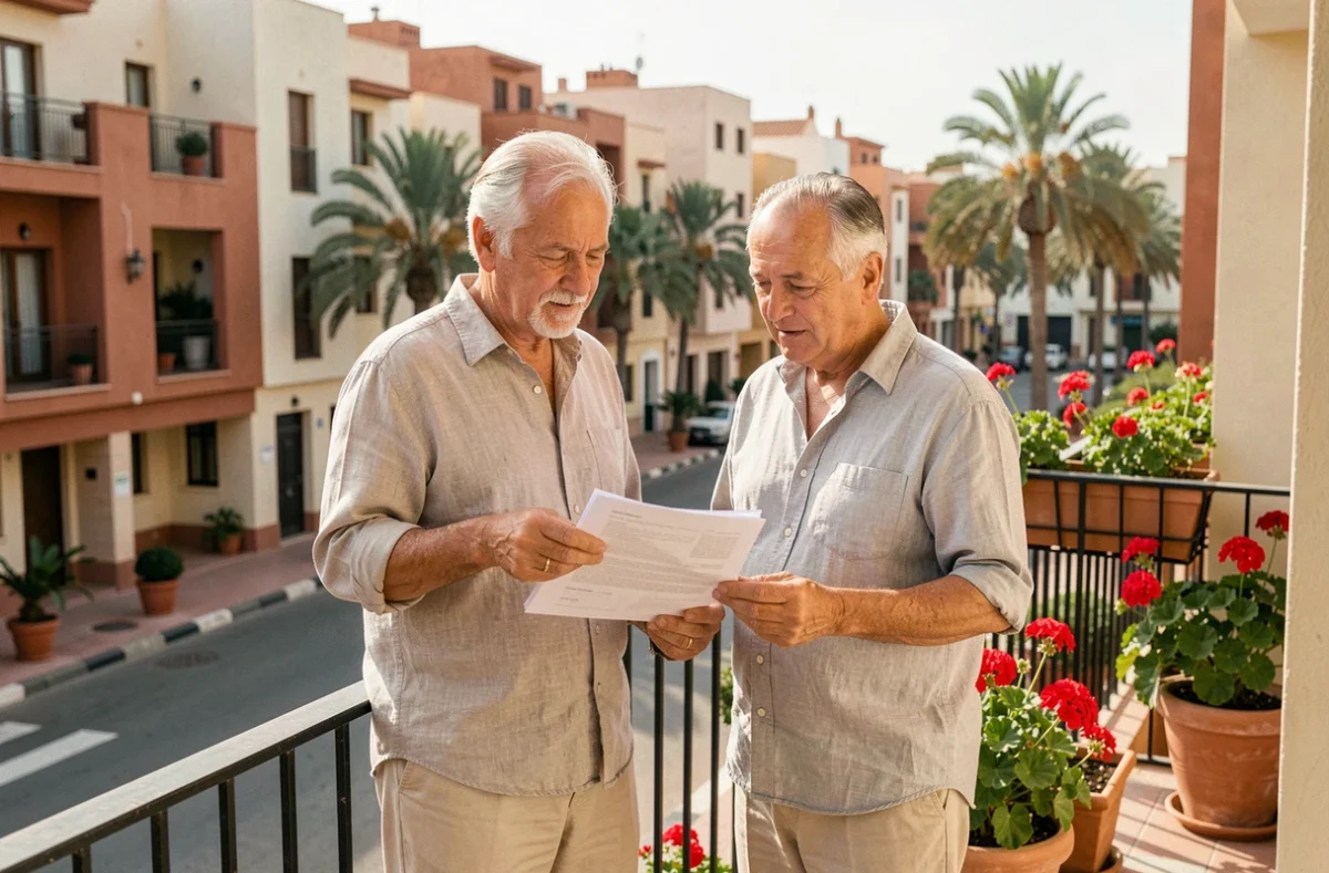 Couple de retraités européens examinant des documents immobiliers sur le balcon d'un appartement à Guéliz, Marrakech