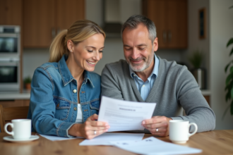 Couple vérifiant un contrat d'assurance maison à la maison